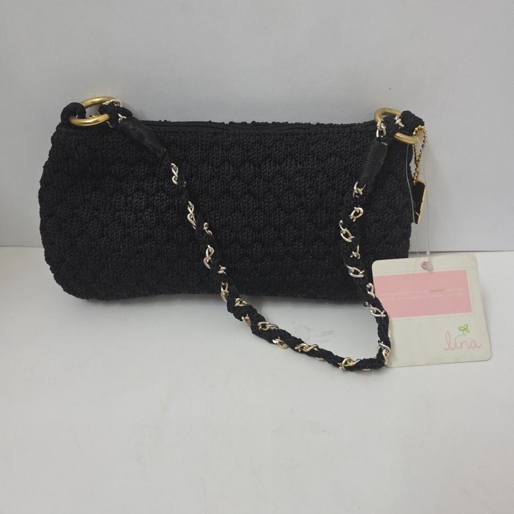 Lina Black Crochet Baguette Shoulder Bag Gold Chain Strap Boho Chic Purse NWT - Picture 6 of 9